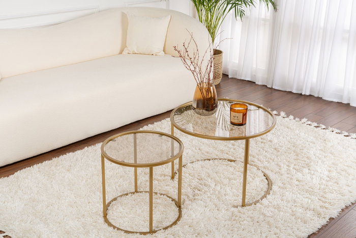 Nordure Juego de Mesas de Café 60x43x60cm y 42x39x42cm, Vidrio Templado y Metal, Oro y Bronce